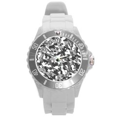 Grey And White Camouflage Pattern Round Plastic Sport Watch (l) by SpinnyChairDesigns