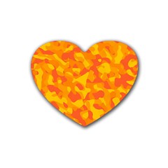 Orange And Yellow Camouflage Pattern Heart Coaster (4 Pack)  by SpinnyChairDesigns