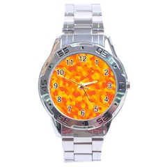 Orange And Yellow Camouflage Pattern Stainless Steel Analogue Watch by SpinnyChairDesigns