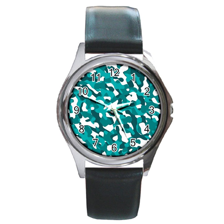 Teal and White Camouflage Pattern Round Metal Watch