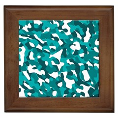 Teal And White Camouflage Pattern Framed Tile by SpinnyChairDesigns