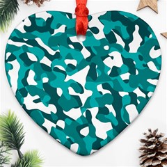 Teal And White Camouflage Pattern Ornament (heart) by SpinnyChairDesigns