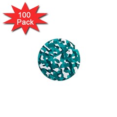 Teal And White Camouflage Pattern 1  Mini Magnets (100 Pack)  by SpinnyChairDesigns