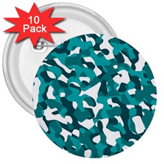 Teal And White Camouflage Pattern 3  Buttons (10 Pack)  by SpinnyChairDesigns