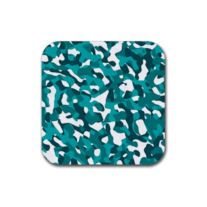 Teal and White Camouflage Pattern Rubber Coaster (Square) 