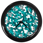 Teal and White Camouflage Pattern Wall Clock (Black) Front