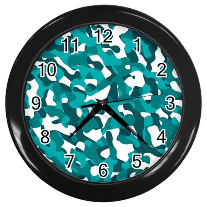 Teal and White Camouflage Pattern Wall Clock (Black)