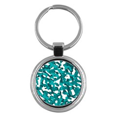 Teal And White Camouflage Pattern Key Chain (round) by SpinnyChairDesigns