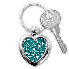 Teal And White Camouflage Pattern Key Chain (heart) by SpinnyChairDesigns