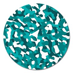 Teal And White Camouflage Pattern Magnet 5  (round) by SpinnyChairDesigns