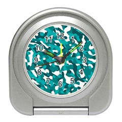 Teal And White Camouflage Pattern Travel Alarm Clock by SpinnyChairDesigns