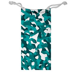 Teal And White Camouflage Pattern Jewelry Bag by SpinnyChairDesigns