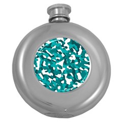 Teal And White Camouflage Pattern Round Hip Flask (5 Oz) by SpinnyChairDesigns