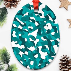 Teal And White Camouflage Pattern Oval Ornament (two Sides) by SpinnyChairDesigns