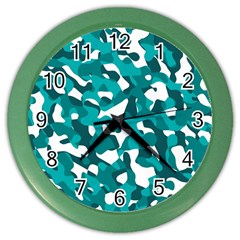 Teal And White Camouflage Pattern Color Wall Clock by SpinnyChairDesigns