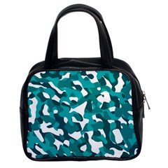 Teal And White Camouflage Pattern Classic Handbag (two Sides) by SpinnyChairDesigns