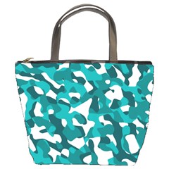 Teal And White Camouflage Pattern Bucket Bag by SpinnyChairDesigns