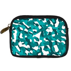 Teal And White Camouflage Pattern Digital Camera Leather Case by SpinnyChairDesigns