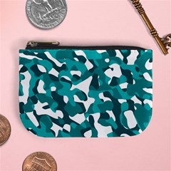 Teal And White Camouflage Pattern Mini Coin Purse by SpinnyChairDesigns