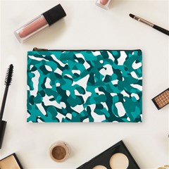 Teal And White Camouflage Pattern Cosmetic Bag (medium) by SpinnyChairDesigns