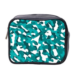 Teal And White Camouflage Pattern Mini Toiletries Bag (two Sides) by SpinnyChairDesigns