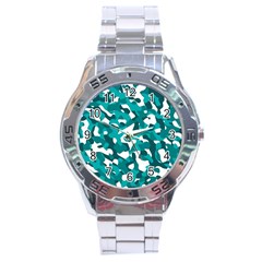 Teal And White Camouflage Pattern Stainless Steel Analogue Watch by SpinnyChairDesigns