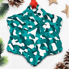 Teal And White Camouflage Pattern Ornament (snowflake) by SpinnyChairDesigns