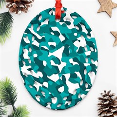 Teal And White Camouflage Pattern Ornament (oval Filigree) by SpinnyChairDesigns