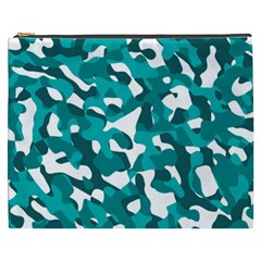 Teal And White Camouflage Pattern Cosmetic Bag (xxxl) by SpinnyChairDesigns