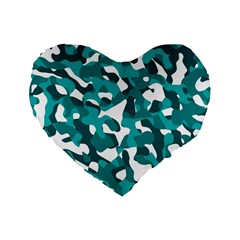 Teal And White Camouflage Pattern Standard 16  Premium Heart Shape Cushions by SpinnyChairDesigns