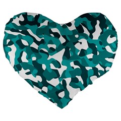 Teal And White Camouflage Pattern Large 19  Premium Flano Heart Shape Cushions by SpinnyChairDesigns