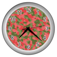 Pink And Green Camouflage Pattern Wall Clock (silver) by SpinnyChairDesigns