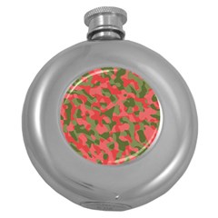 Pink And Green Camouflage Pattern Round Hip Flask (5 Oz) by SpinnyChairDesigns