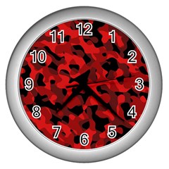 Red And Black Camouflage Pattern Wall Clock (silver) by SpinnyChairDesigns