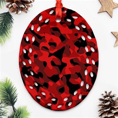 Red And Black Camouflage Pattern Ornament (oval Filigree) by SpinnyChairDesigns