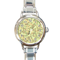 Light Green Brown Yellow Camouflage Pattern Round Italian Charm Watch by SpinnyChairDesigns