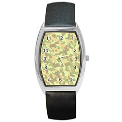 Light Green Brown Yellow Camouflage Pattern Barrel Style Metal Watch by SpinnyChairDesigns