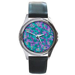 Purple And Teal Camouflage Pattern Round Metal Watch by SpinnyChairDesigns