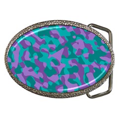 Purple And Teal Camouflage Pattern Belt Buckles by SpinnyChairDesigns