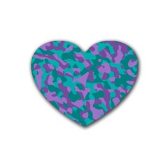 Purple And Teal Camouflage Pattern Heart Coaster (4 Pack)  by SpinnyChairDesigns