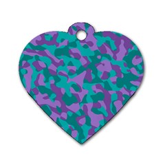 Purple And Teal Camouflage Pattern Dog Tag Heart (two Sides) by SpinnyChairDesigns