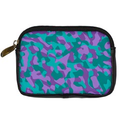 Purple And Teal Camouflage Pattern Digital Camera Leather Case by SpinnyChairDesigns