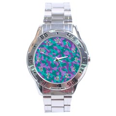 Purple And Teal Camouflage Pattern Stainless Steel Analogue Watch by SpinnyChairDesigns