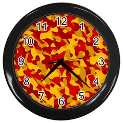 Red And Yellow Camouflage Pattern Wall Clock (black) by SpinnyChairDesigns