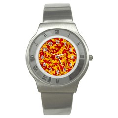 Red And Yellow Camouflage Pattern Stainless Steel Watch by SpinnyChairDesigns