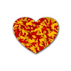 Red And Yellow Camouflage Pattern Rubber Coaster (heart)  by SpinnyChairDesigns