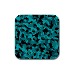 Black And Teal Camouflage Pattern Rubber Square Coaster (4 Pack)  by SpinnyChairDesigns