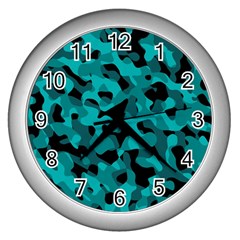 Black And Teal Camouflage Pattern Wall Clock (silver) by SpinnyChairDesigns