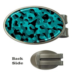 Black And Teal Camouflage Pattern Money Clips (oval)  by SpinnyChairDesigns