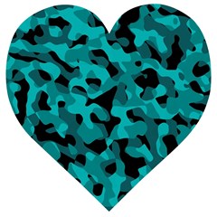 Black And Teal Camouflage Pattern Wooden Puzzle Heart by SpinnyChairDesigns